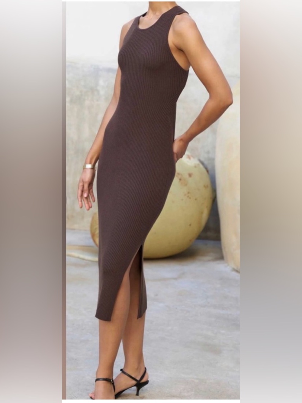AYR Brown Ribbed Cross-Back Midi Dress - Picture 3 of 7